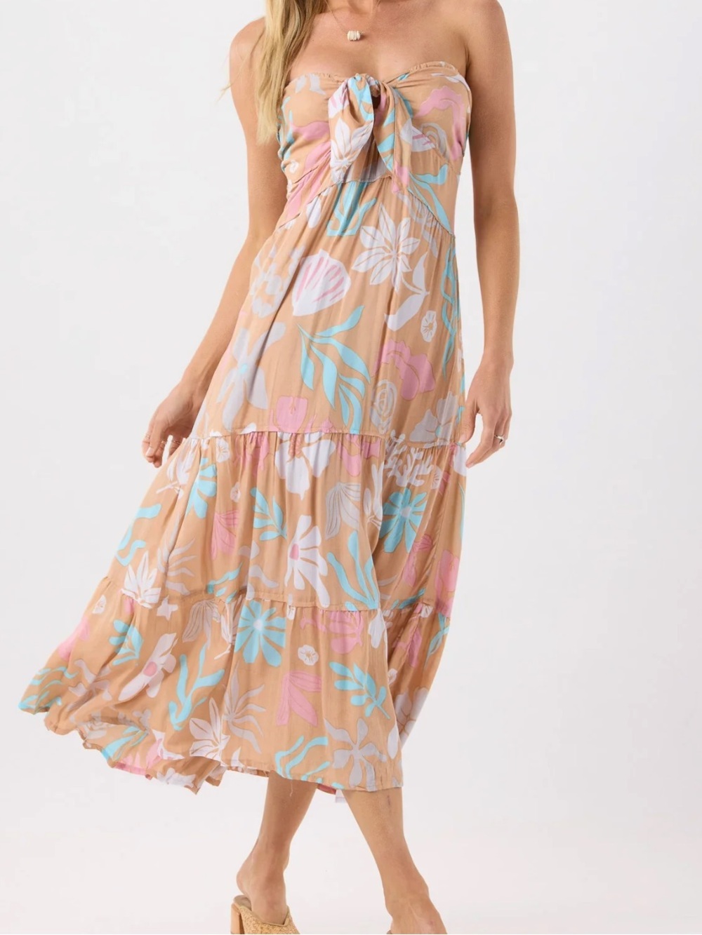 Tiare Hawaii Strapless Midi Dress in Tan with Pink & Blue Floral